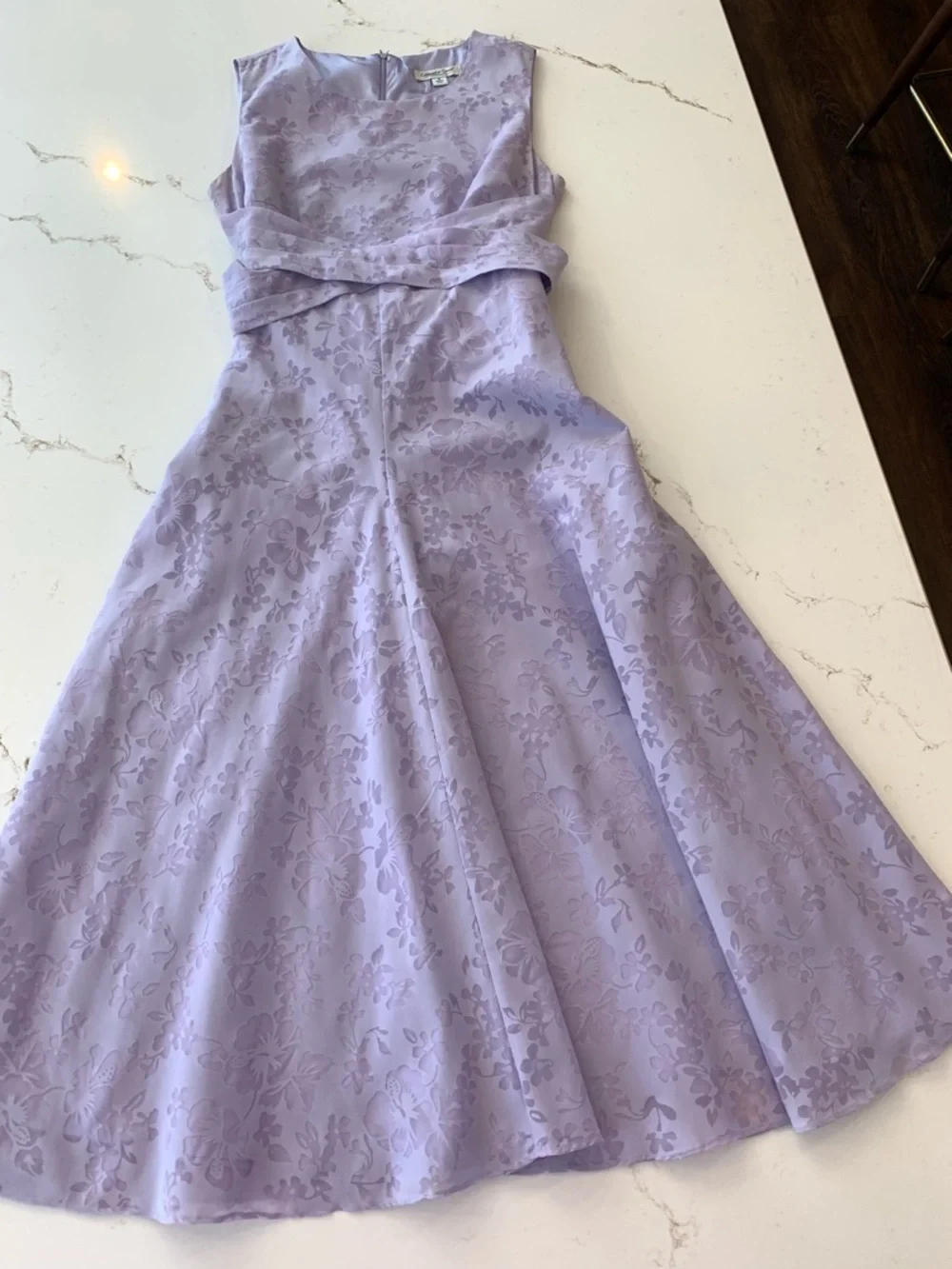 Lavender Dress Size 12 Sleeveless Floral Midi w/ Pleated Waist and Bow - Picture 4 of 14